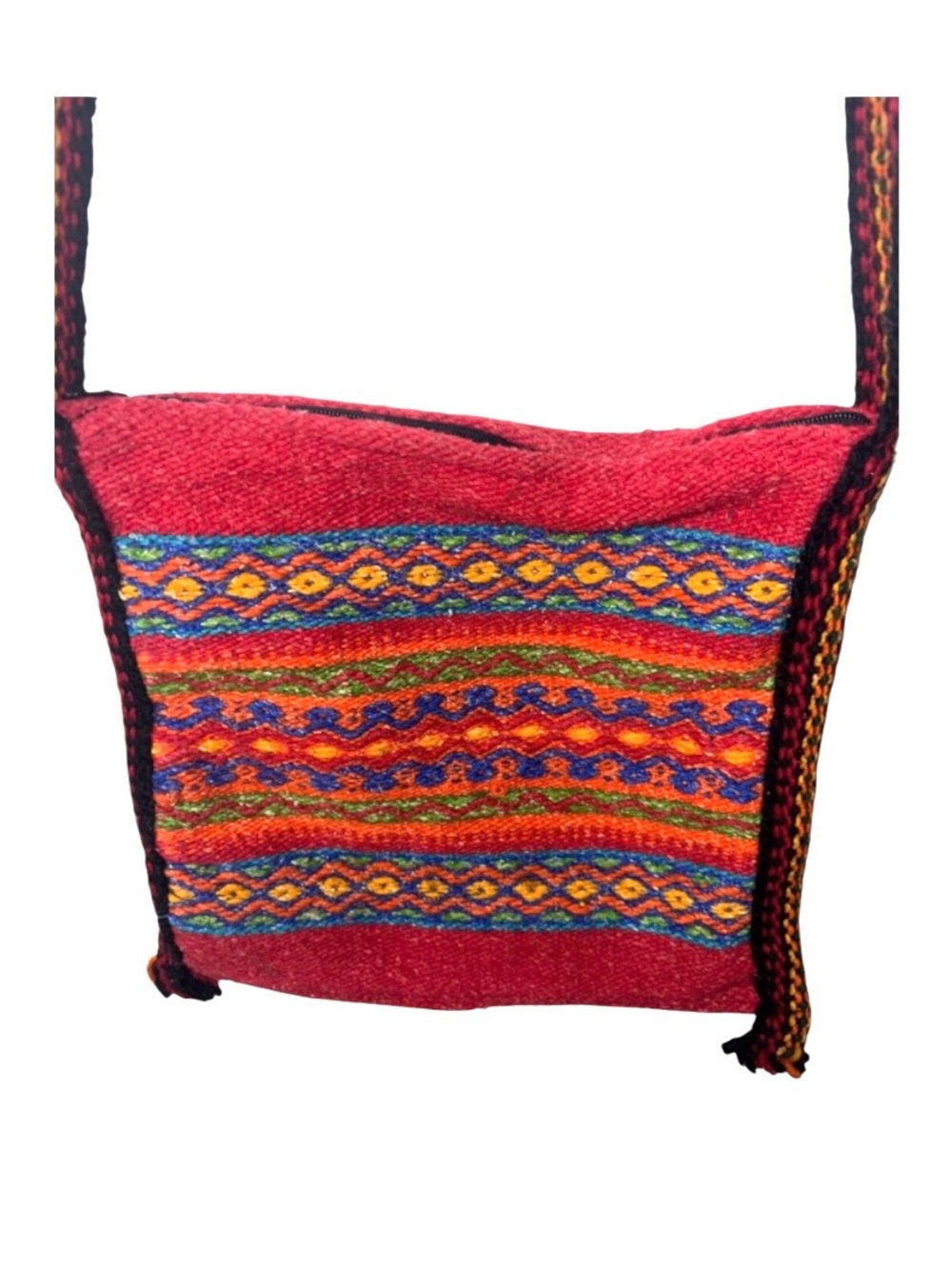 Red Wool Cotton Fabric Crossbody Bag Zipper Aztec Hippy Fun Yarn Boho - Picture 2 of 3